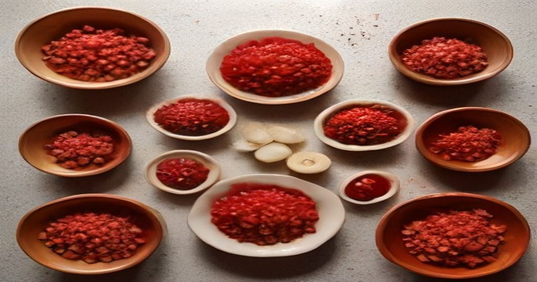 Korean kimchi ingredients including gochugaru, garlic, ginger, and apple arranged in preparation bowls